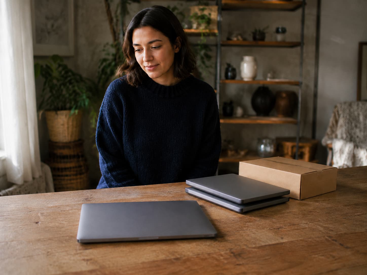 A woman considering one laptop and a stack of two beside a parcel box