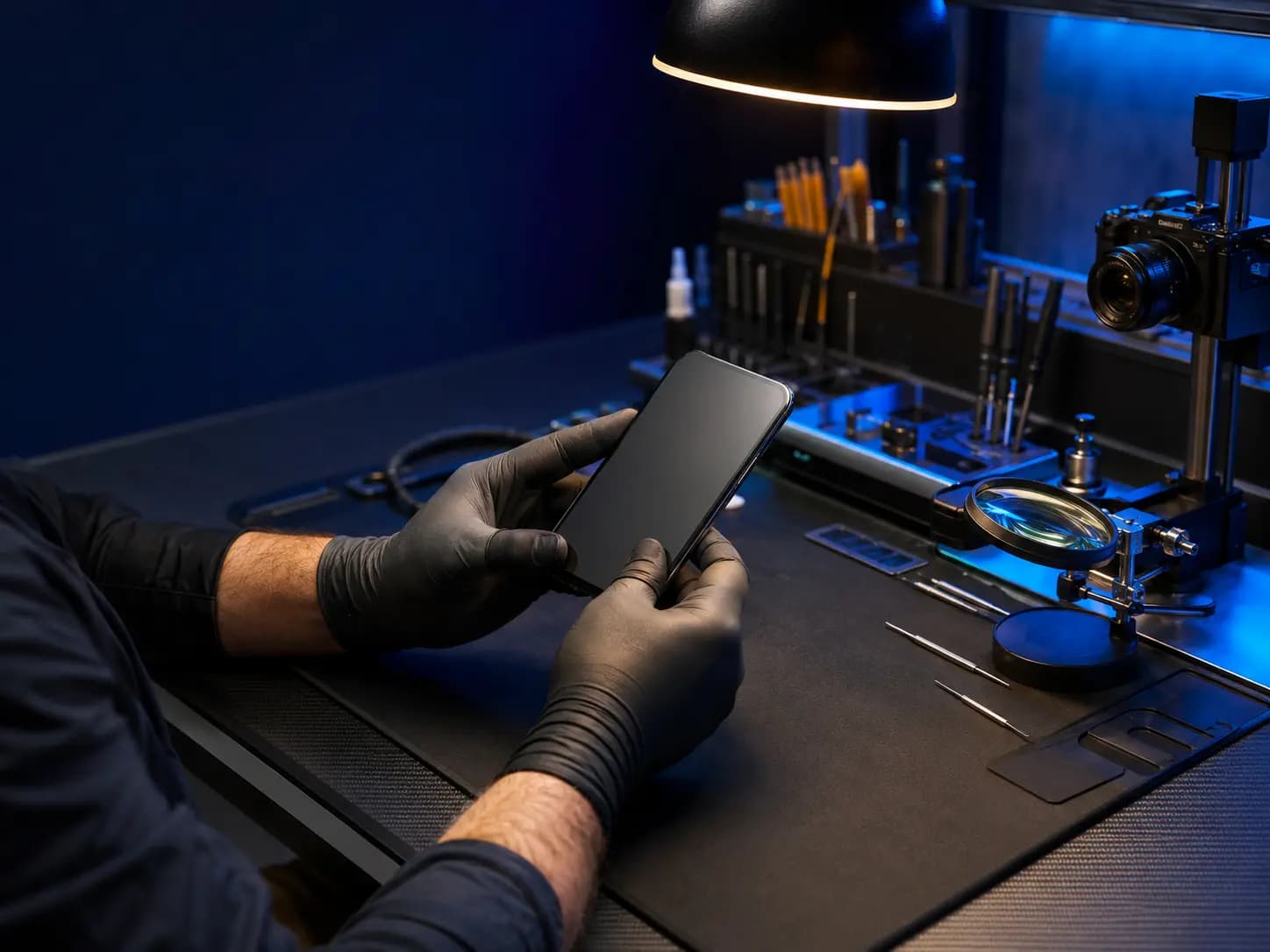 A technician inspecting a mobile phone at a documented workbench