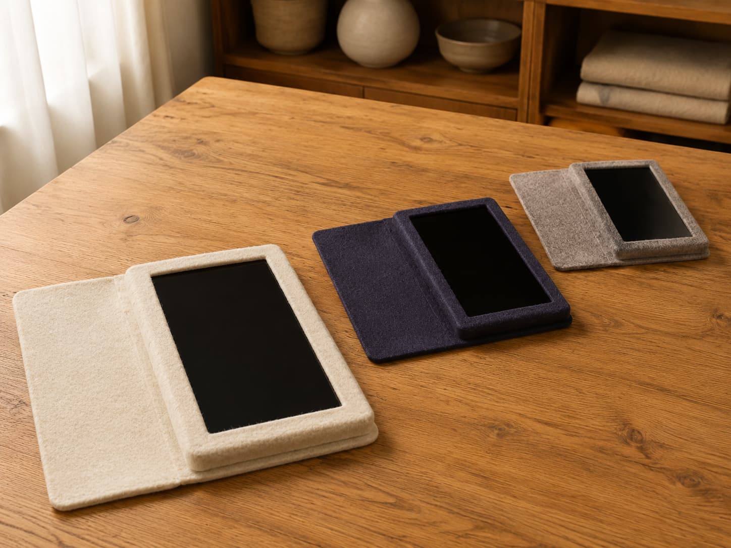 Three screen-off phones of different sizes in cream, plum and grey felt folios on a wooden table