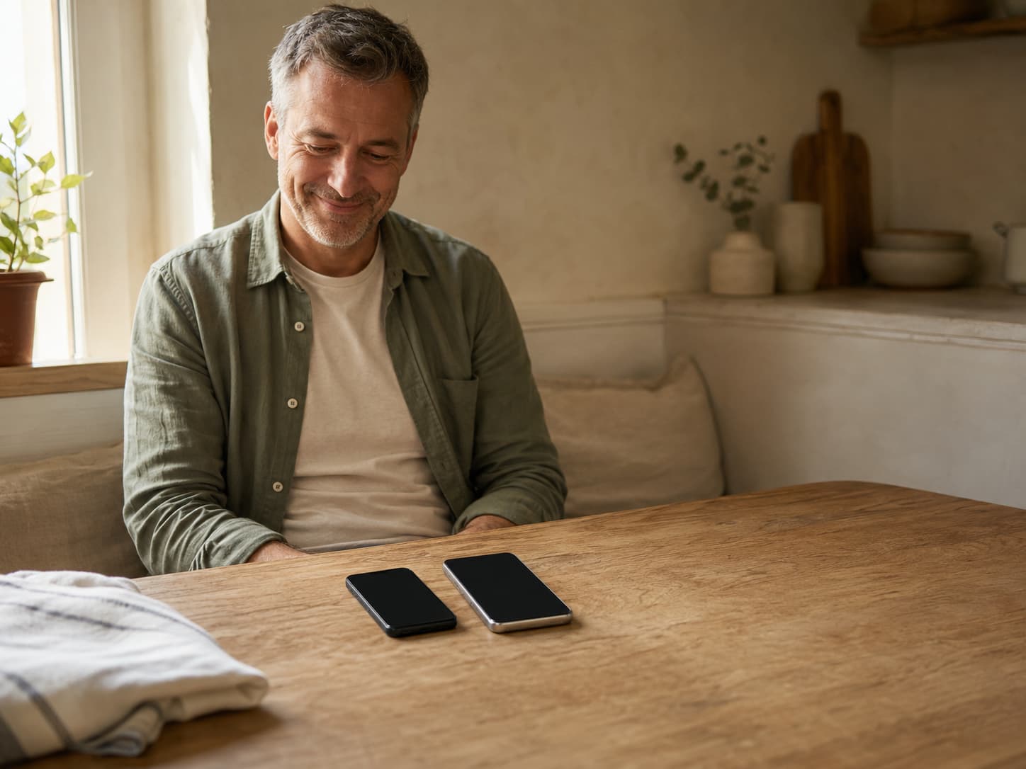A smiling customer looking at two mobile phones resting on a wooden table