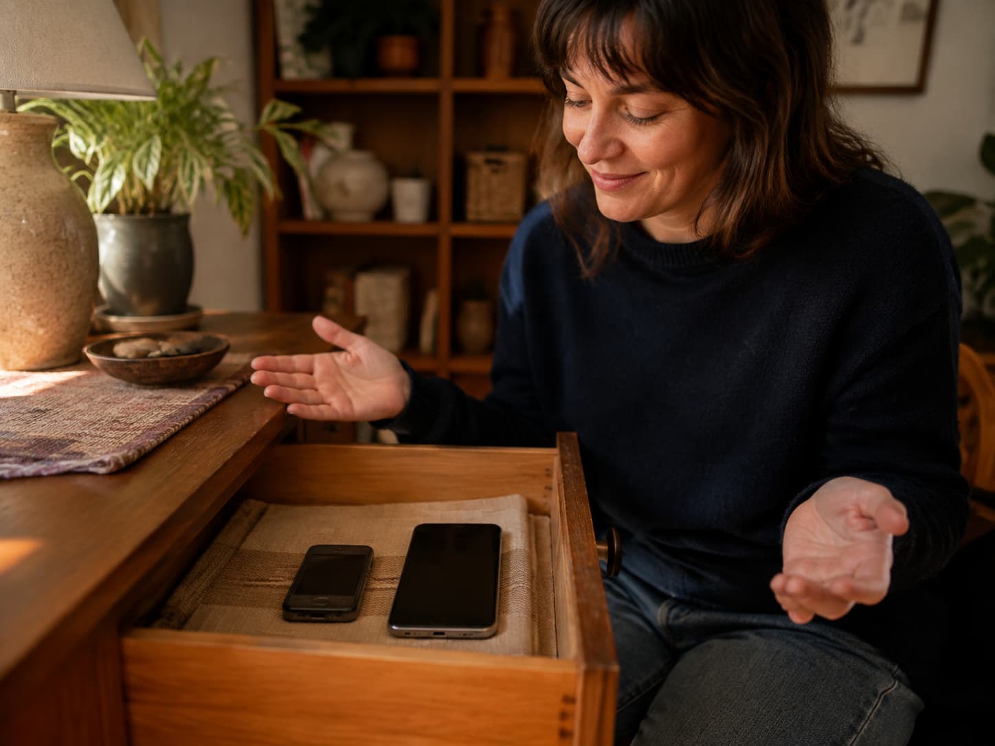 A woman looking at two powered-off phones of different sizes in an open drawer
