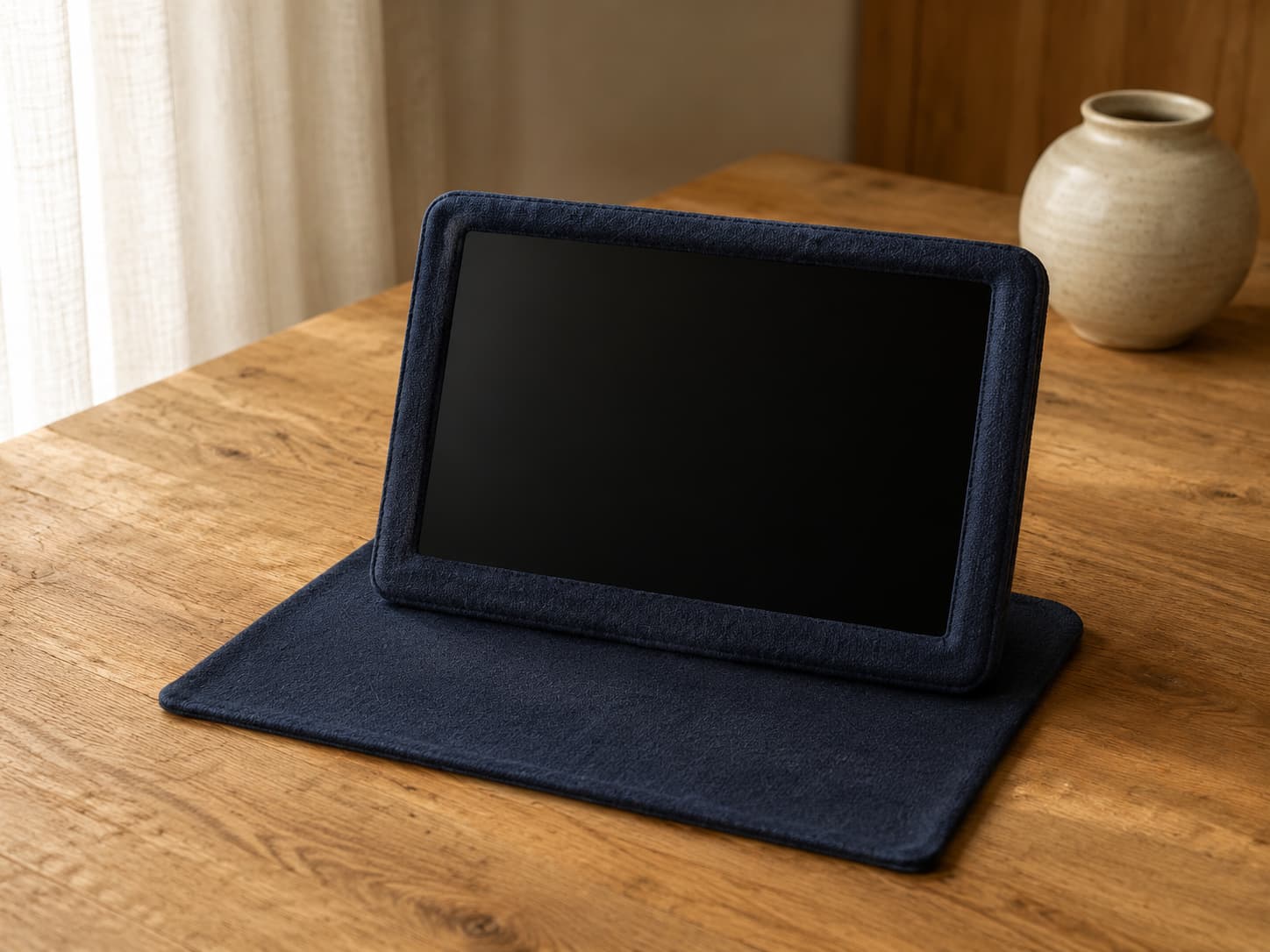 A screen-off tablet in a navy fabric folio on a wooden table