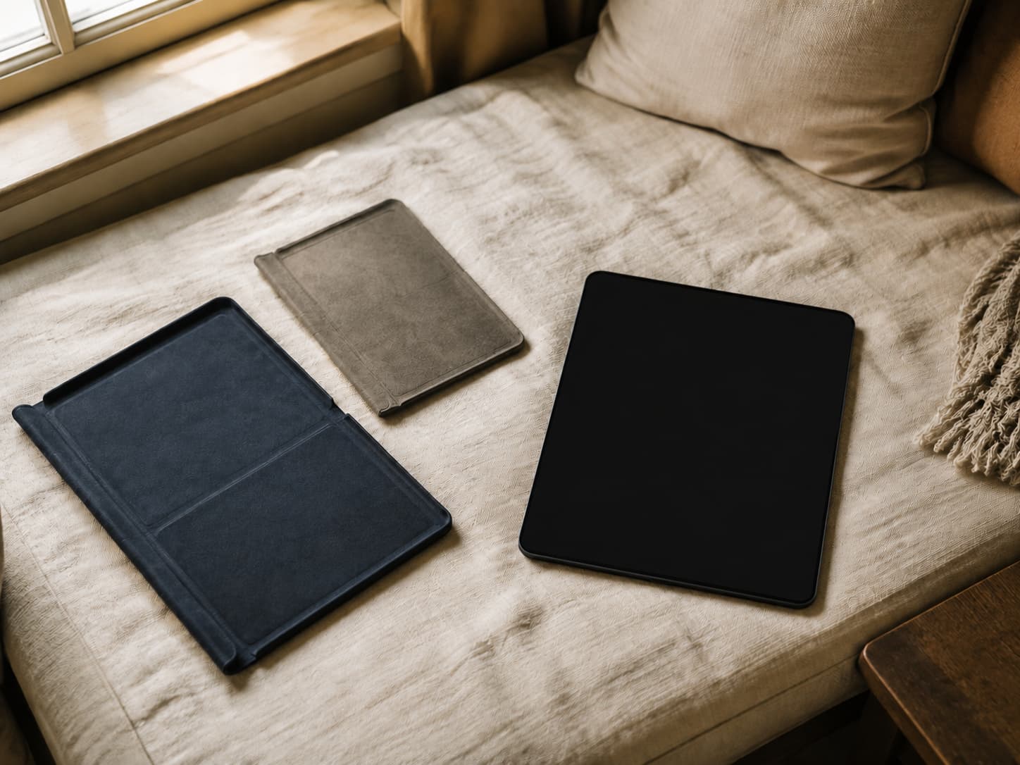 A screen-off tablet beside two empty folio covers of different sizes on a cream window seat