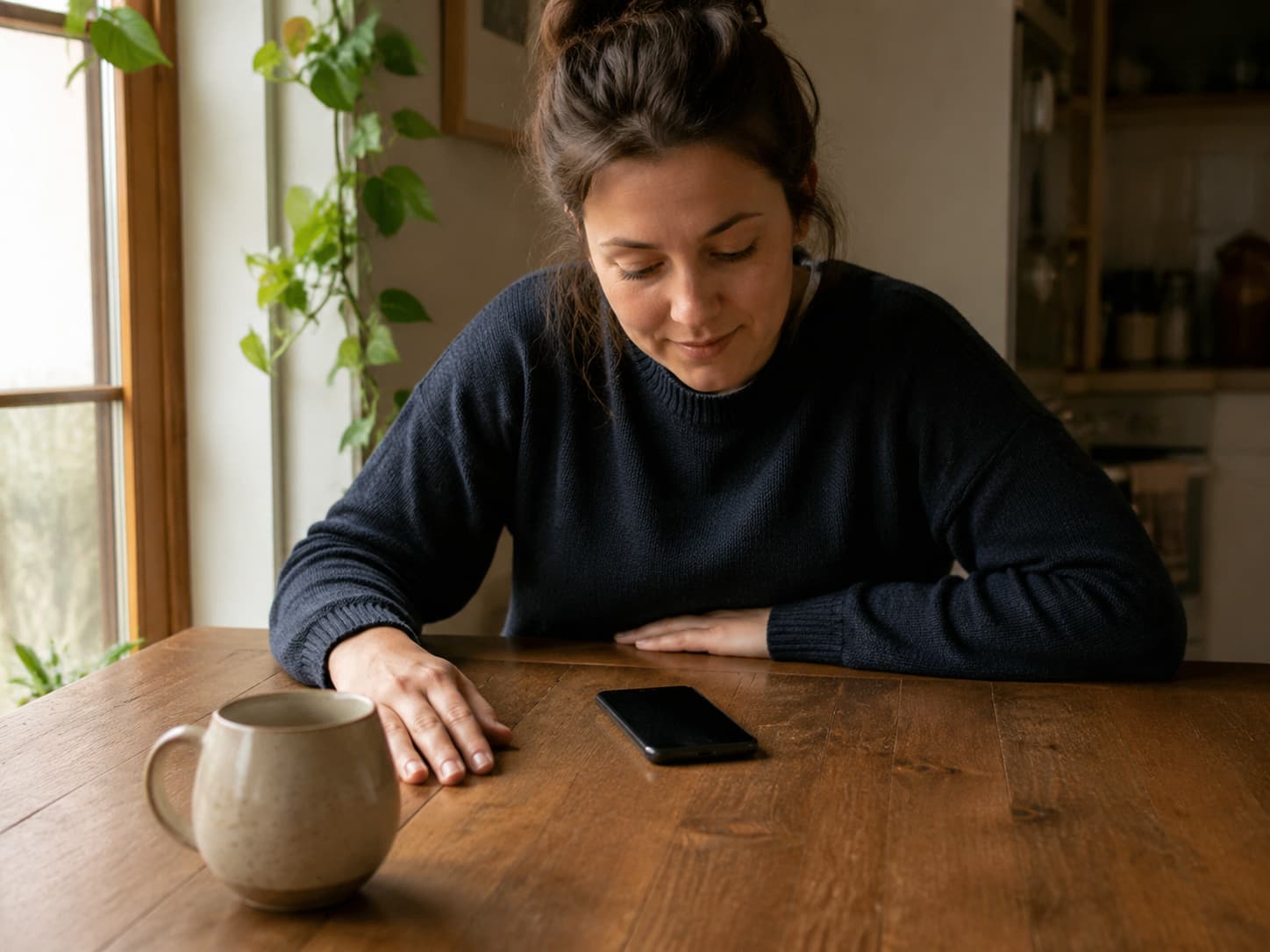A woman thoughtfully examining a powered-off phone on a home table
