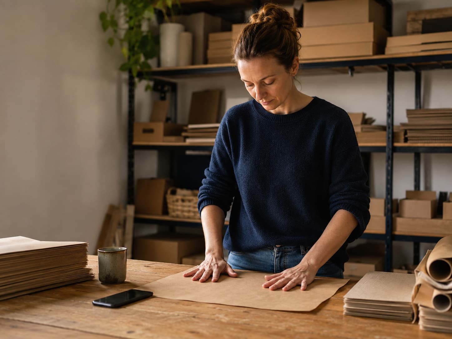 An adult arranging parcel materials beside a mobile phone at a small operations workbench