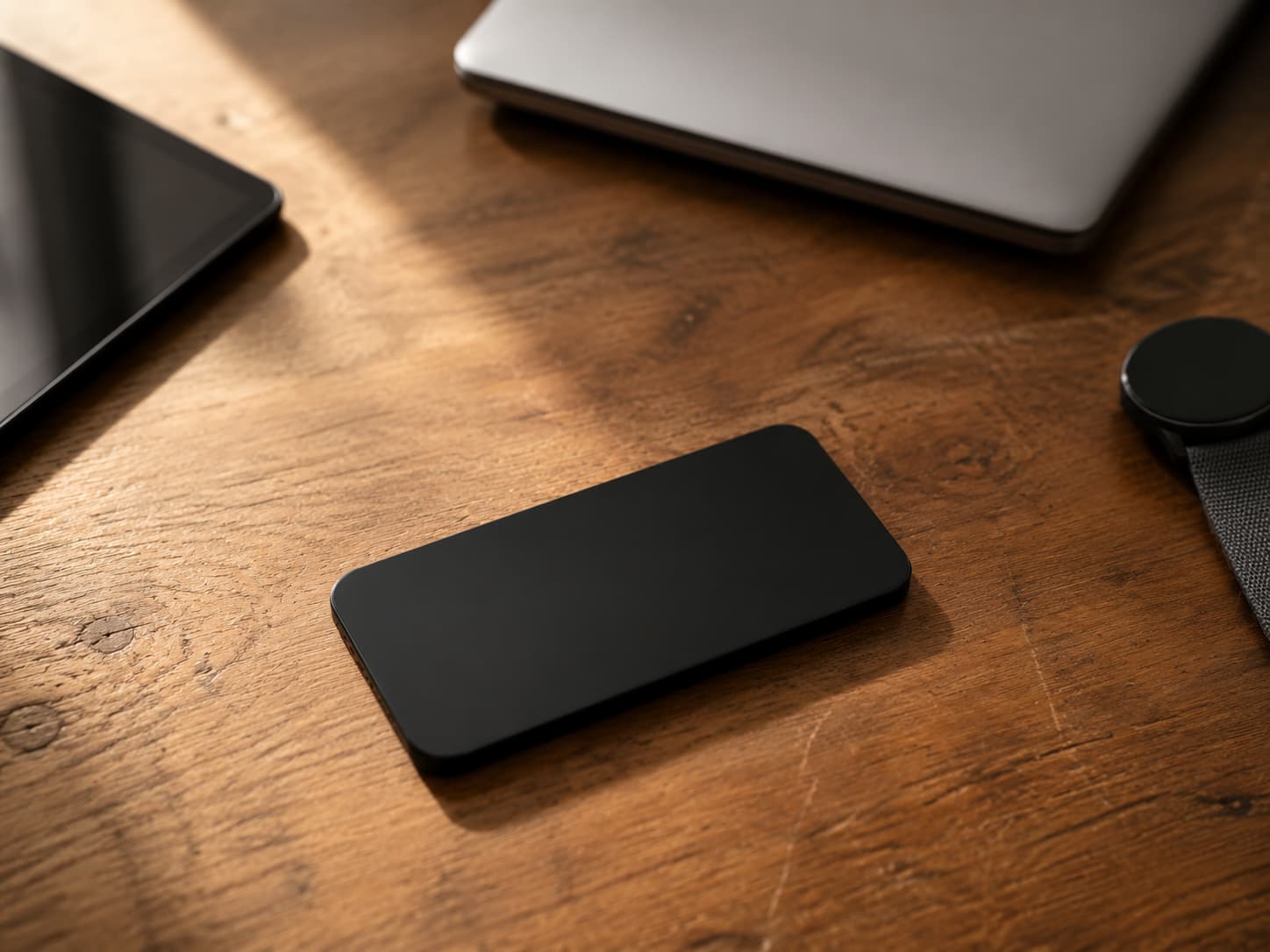 A mobile phone with a tablet, laptop and smart watch arranged on a wooden table