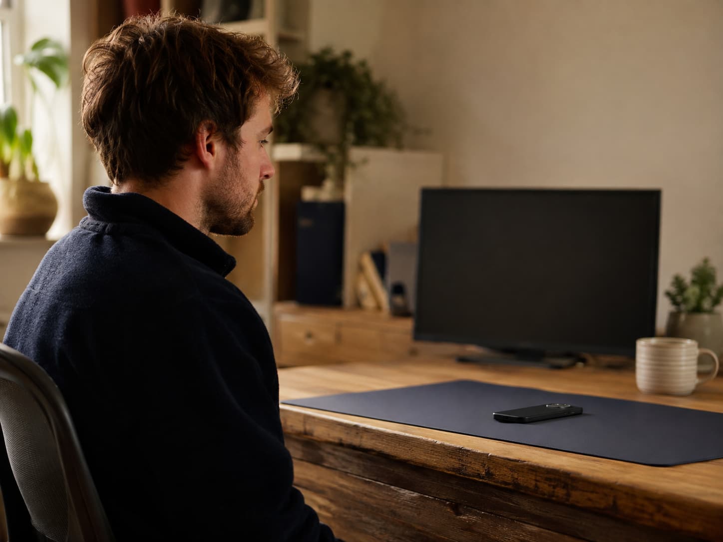 A technician at a desk with a face-down phone and a blank monitor