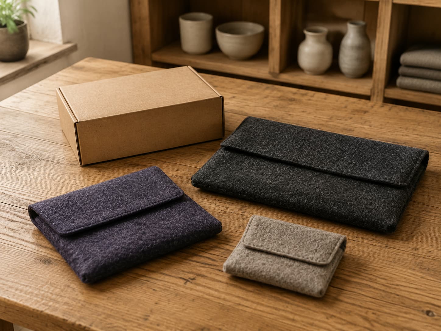 Three closed felt sleeves of different sizes and a plain kraft box on a wooden worktable