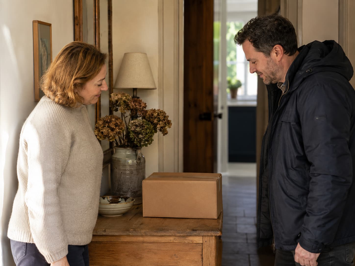 A customer and collection worker beside a plain parcel at a home doorway
