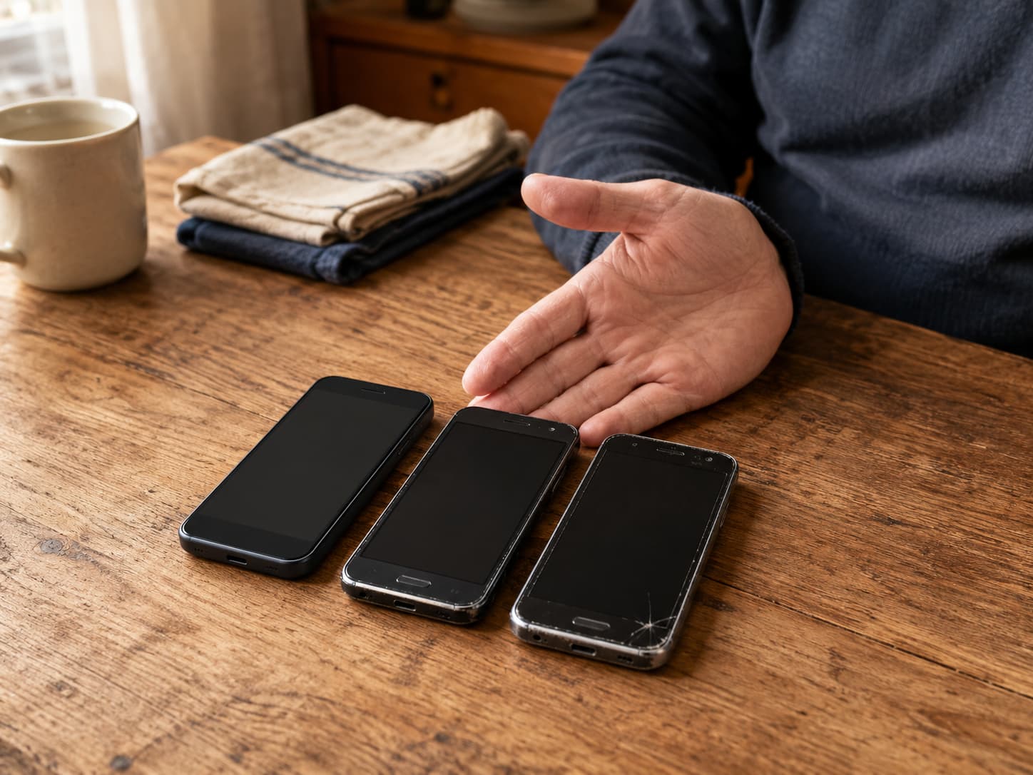 Three used mobile phones, including one with a cracked screen, beside an open hand