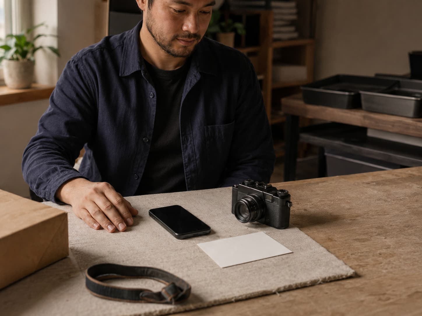 A technician reviewing a powered-off phone beside a camera and blank record card