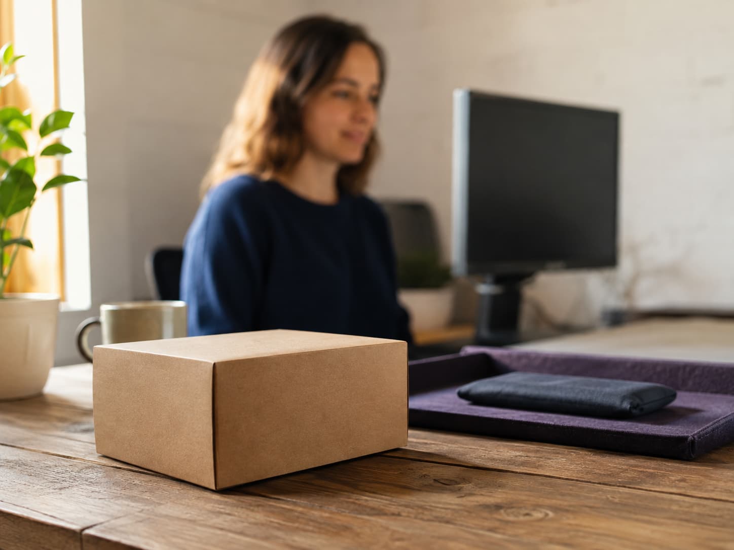 A plain parcel and sleeved phone on an intake tray at an operations desk
