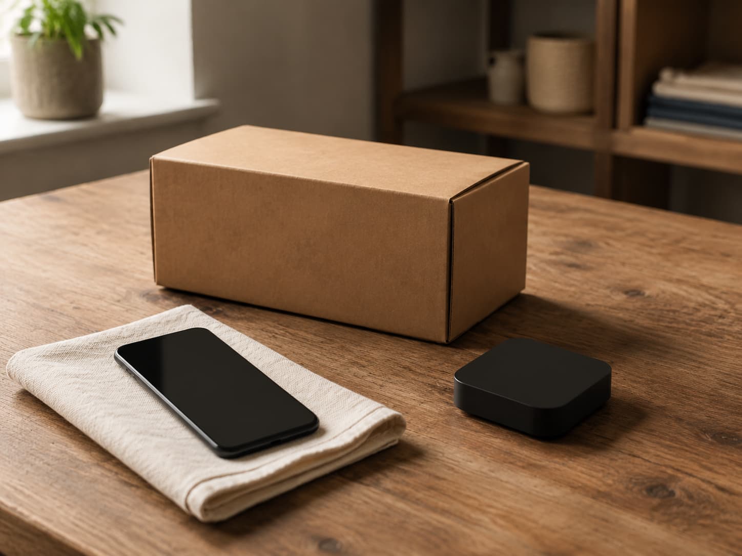 A plain parcel beside a screen-off phone and a small black device on a wooden worktable