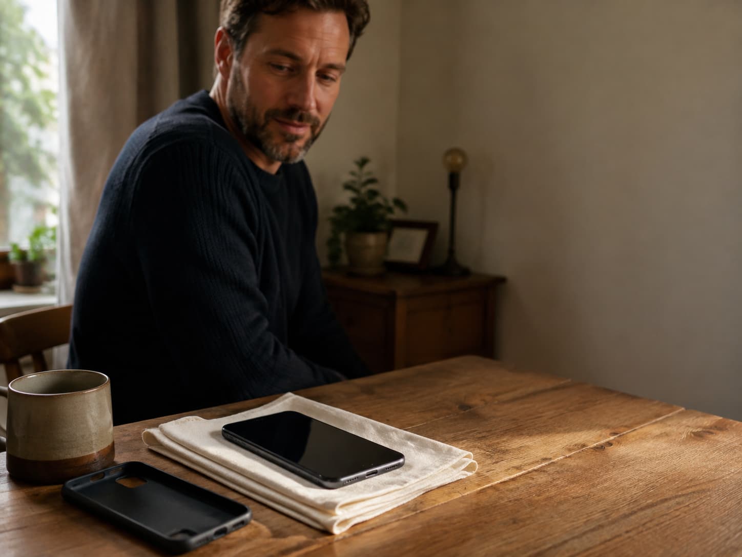 A customer checking a screen-off phone beside its removed case on a home table
