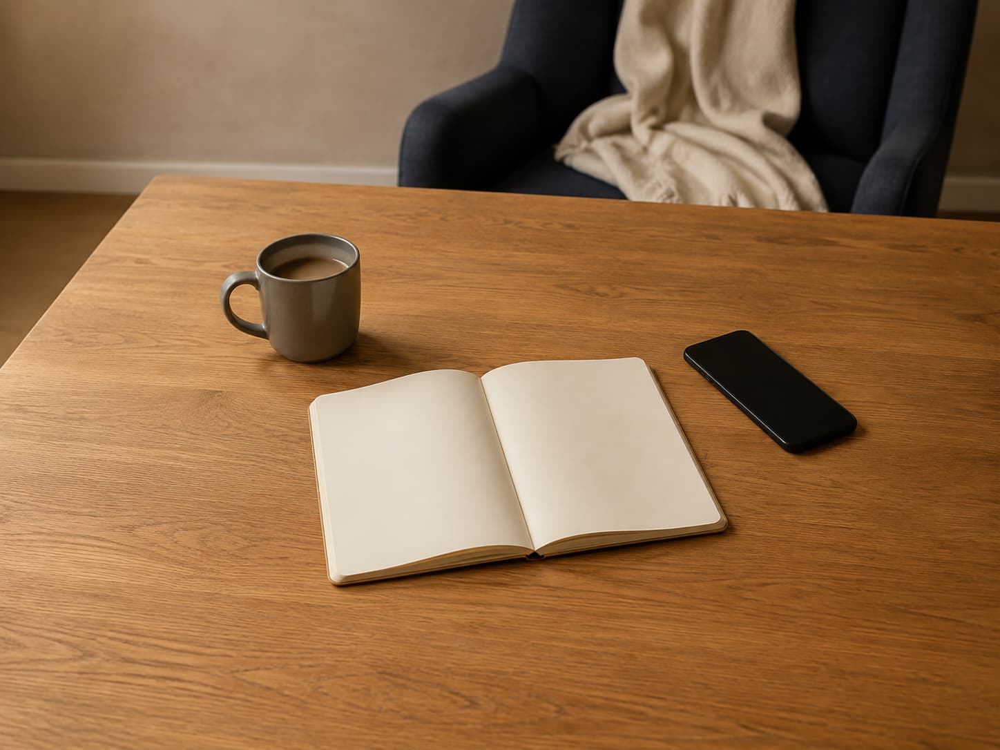 An open blank notebook, a mug, and a black smartphone with its screen off sit on a warm wooden table in front of a dark armchair.