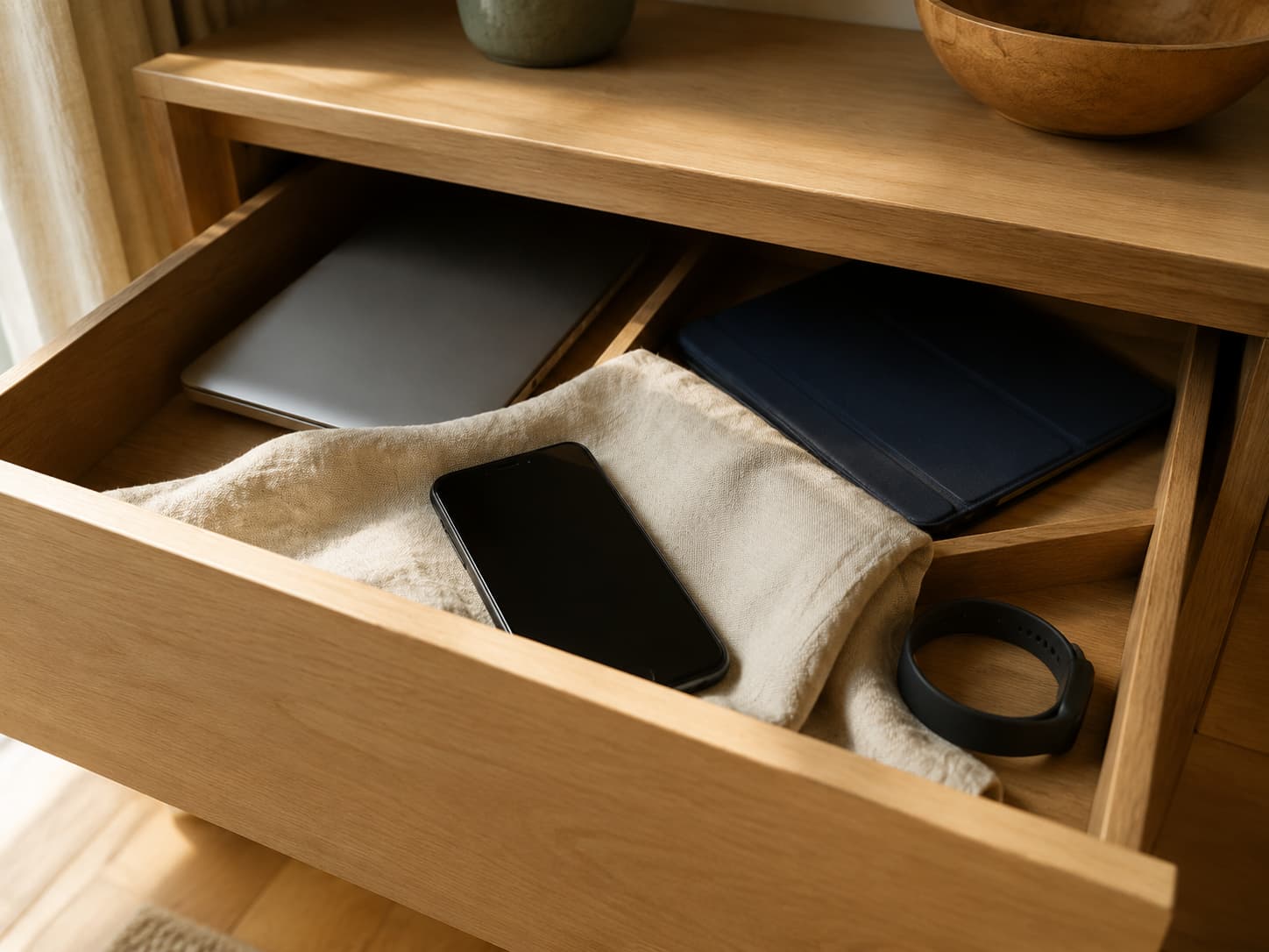 A screen-off phone on folded cream fabric in an open wooden drawer beside a closed laptop, tablet folio and watch band