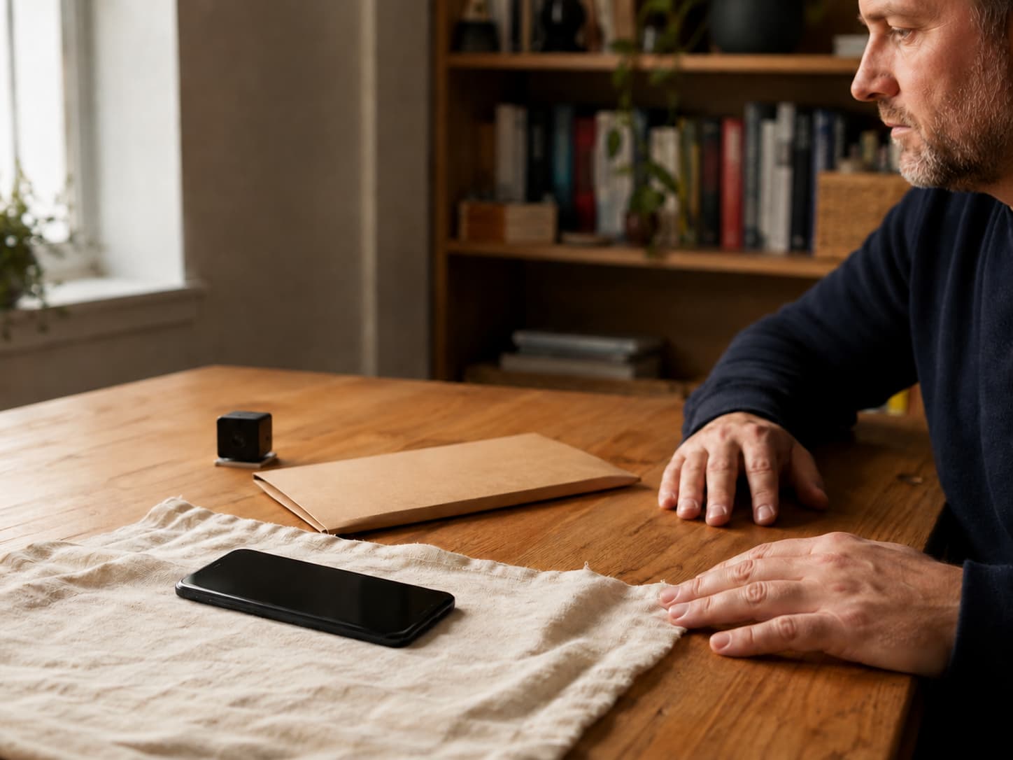 A screen-off phone on cream cloth beside a plain kraft sleeve and small recording camera as an adult reviewer looks on