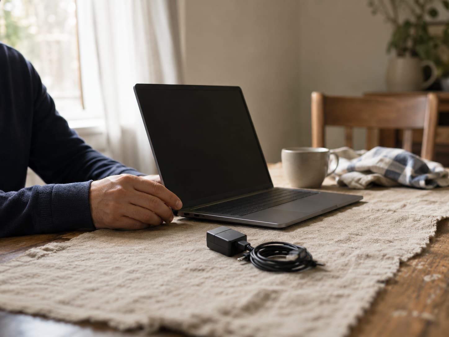 A person checking an open laptop with its screen off and charger set beside it