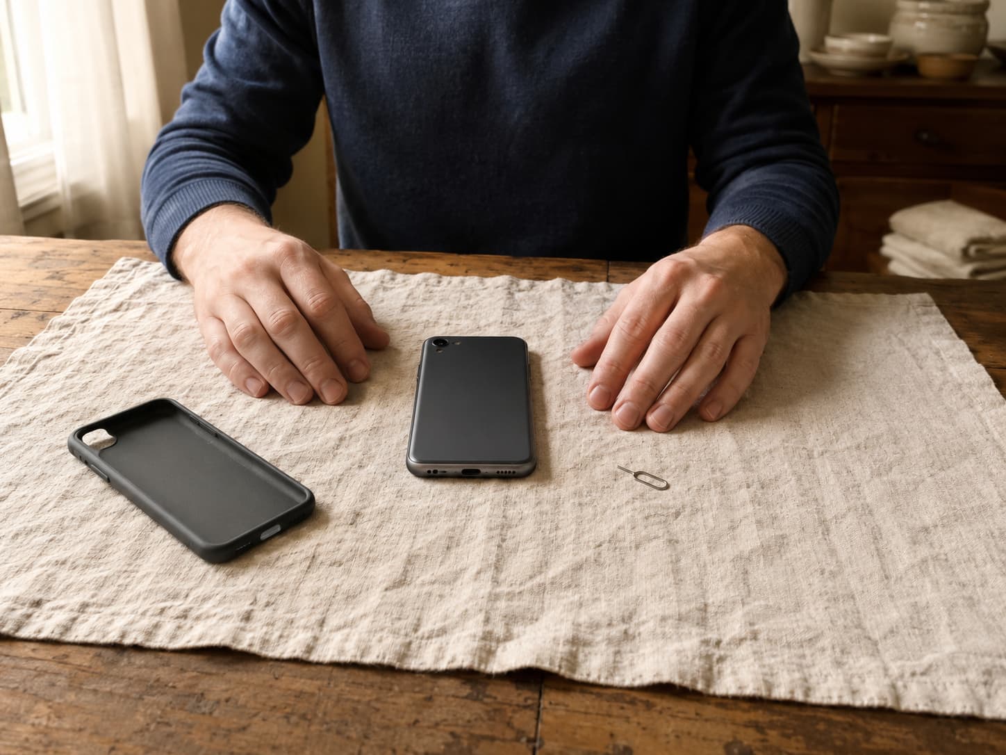 A mobile phone resting on cloth beside its case and SIM tool