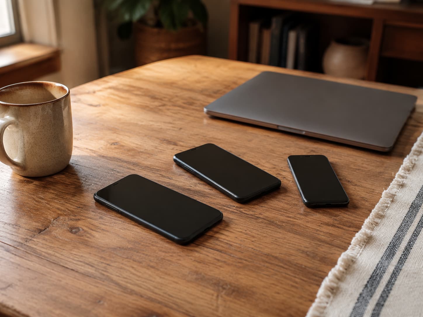 Three mobile phones and a closed laptop arranged on a wooden table at home