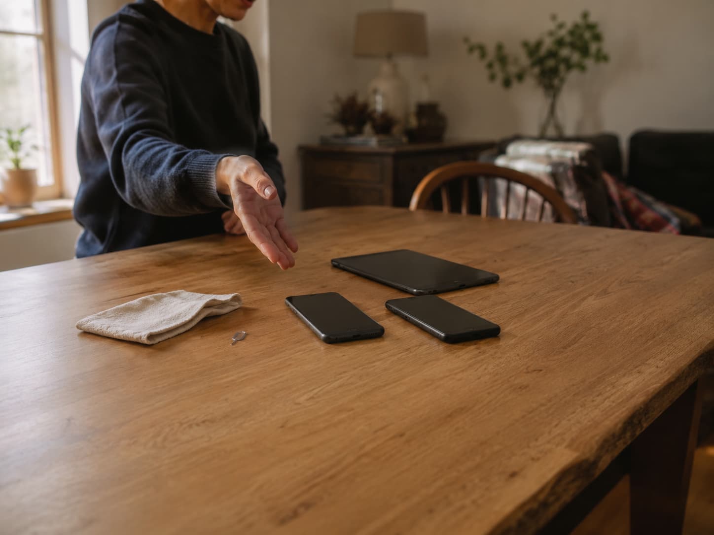 A person preparing two mobile phones and a tablet beside a cloth and SIM tool