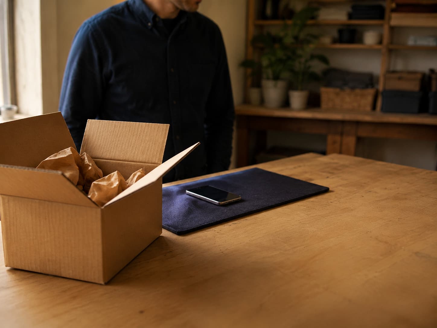 An open plain parcel beside a screen-off phone on an intake mat
