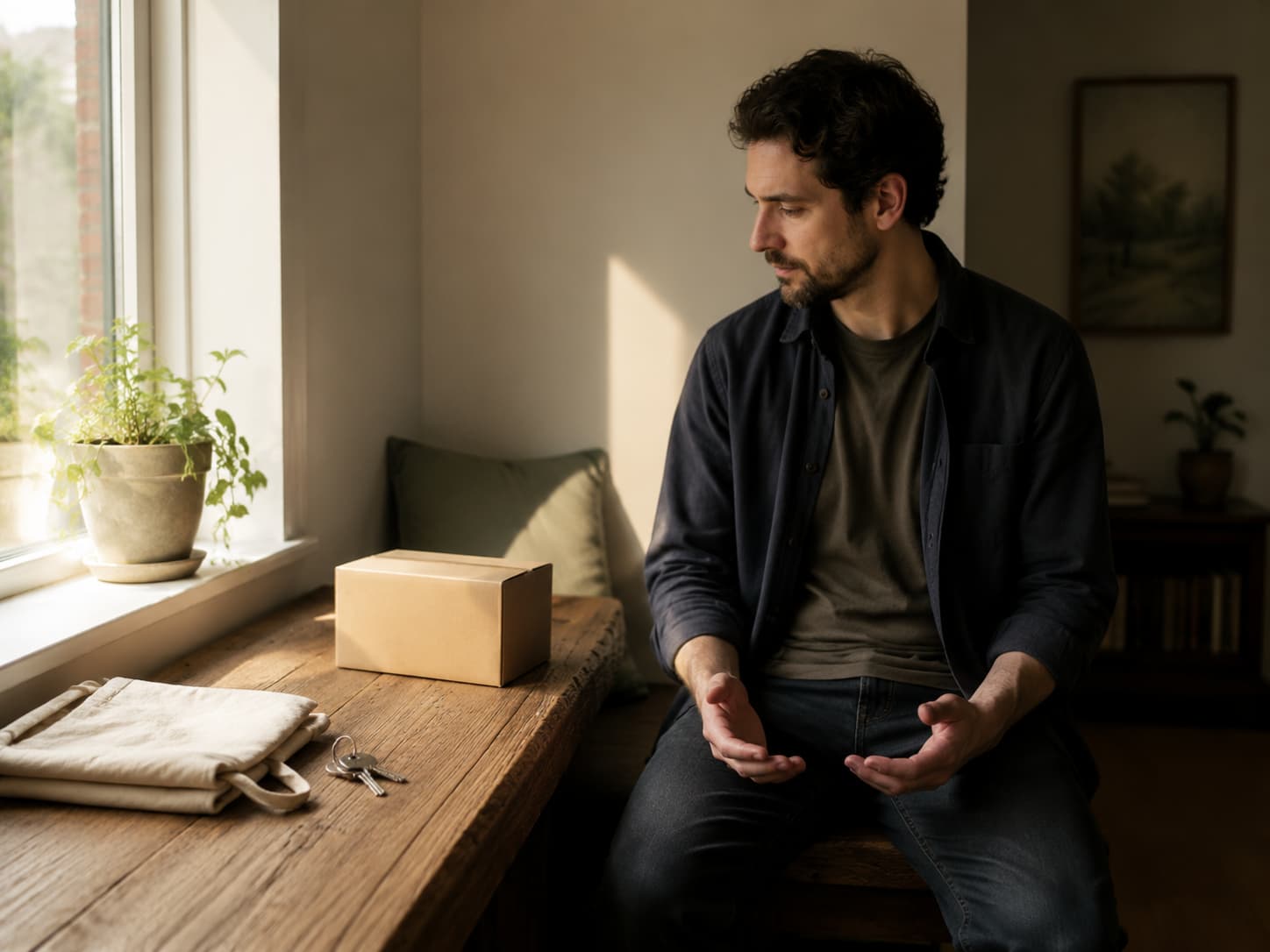 A sealed plain parcel, house keys and a folded canvas bag on a window bench beside a seated adult