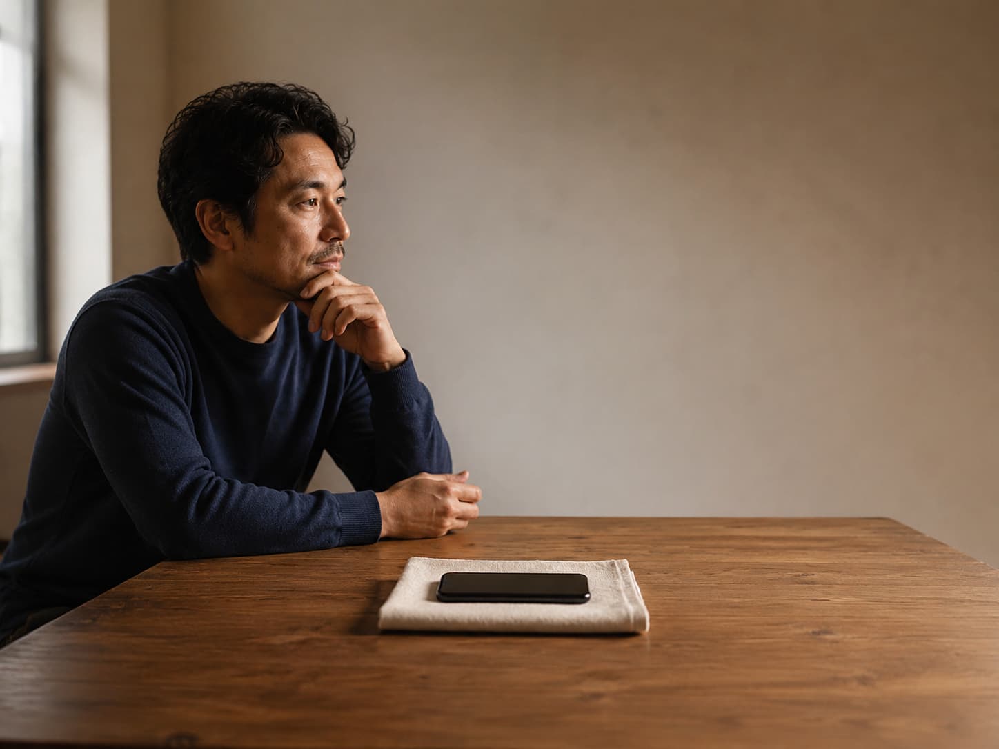 A man pausing beside a screen-off phone resting on folded cloth