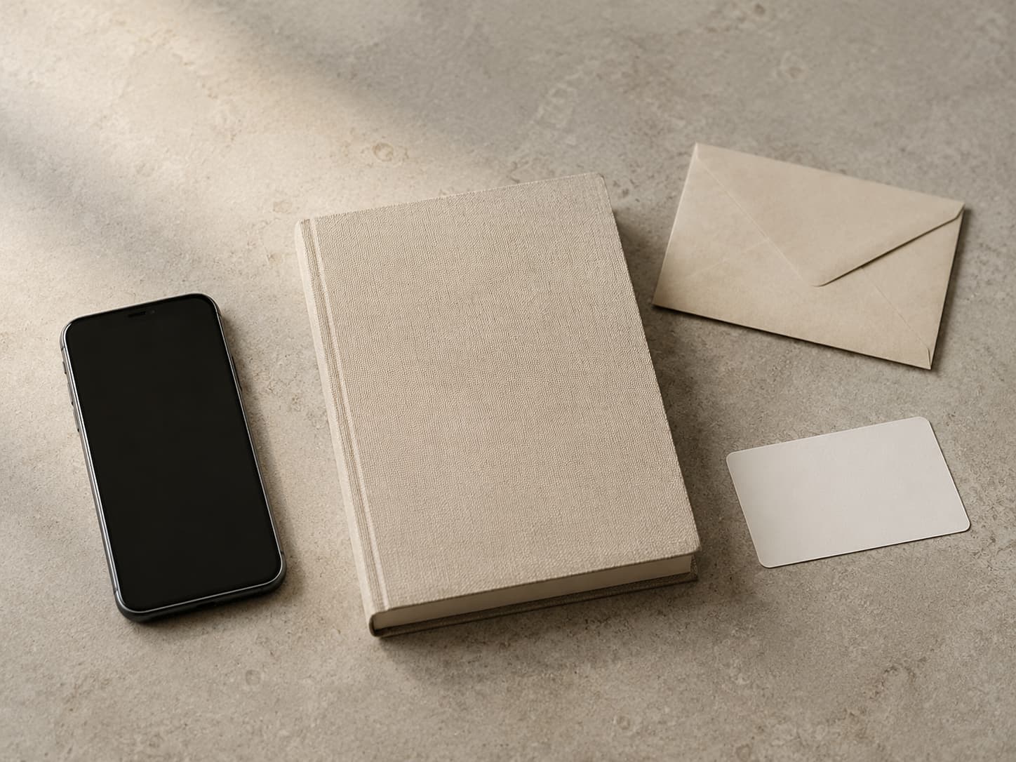 A mobile phone, closed notebook, plain card and envelope arranged on a neutral tabletop