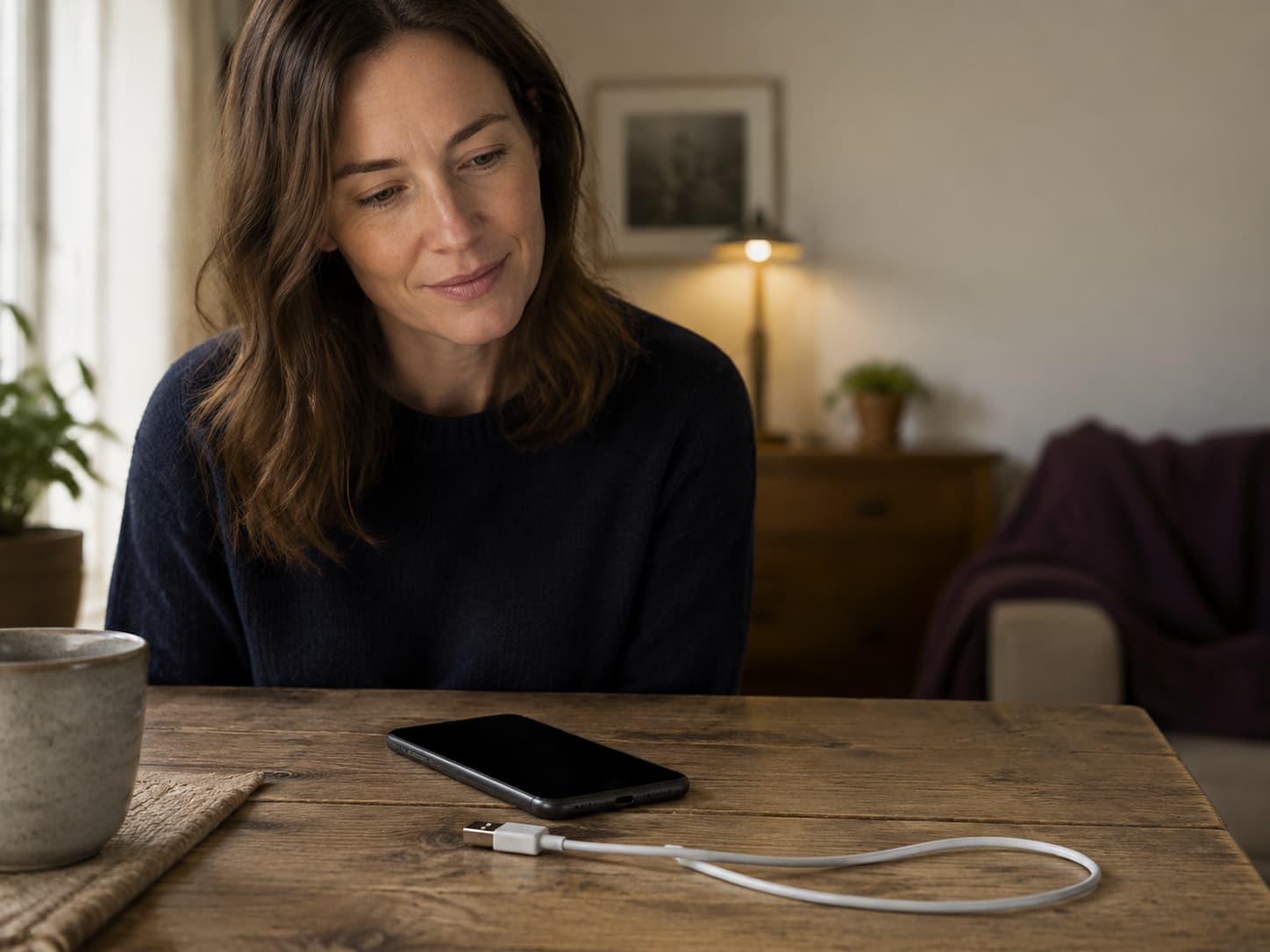 A screen-off phone and disconnected charging cable on a home table as a customer looks on