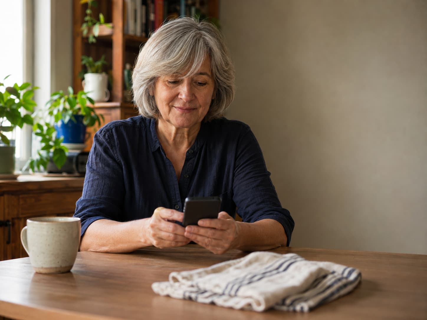 An older woman using a well-kept phone at her kitchen table