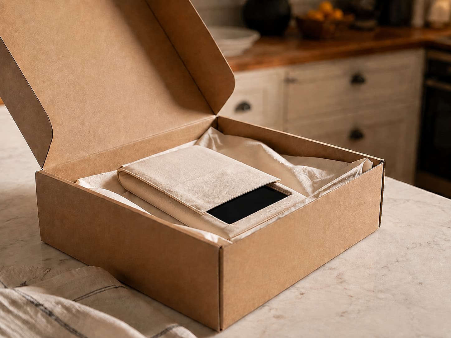 A powered-off phone partly enclosed in a cream padded sleeve inside an open kraft box with blank paper cushioning