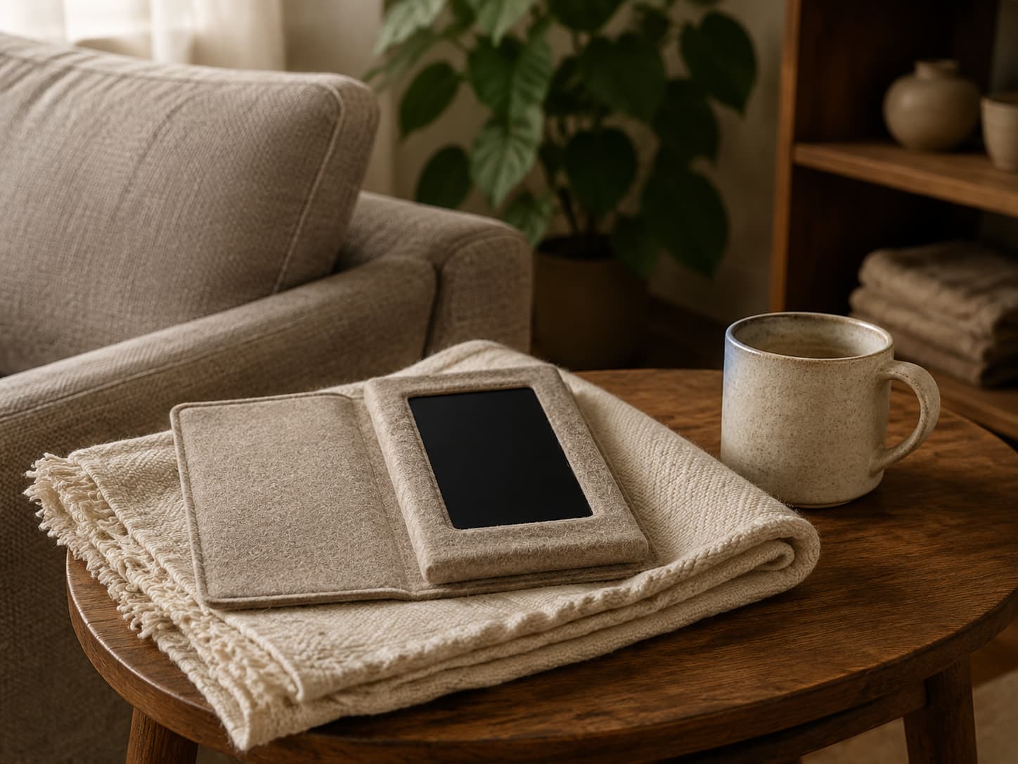 A screen-off phone in a felt folio beside a ceramic mug on a living-room table