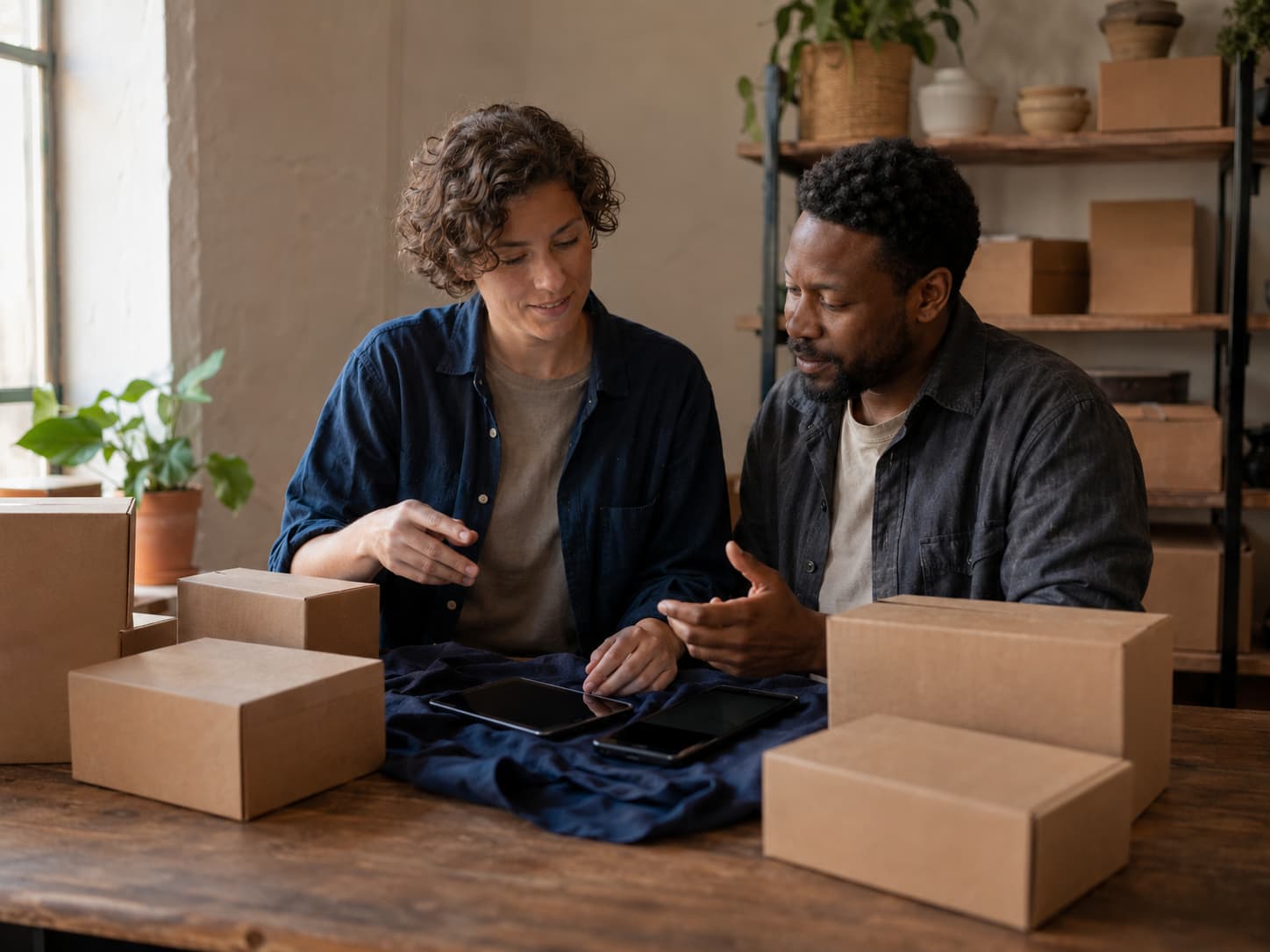 Two colleagues planning around plain parcels and screen-off devices on a worktable