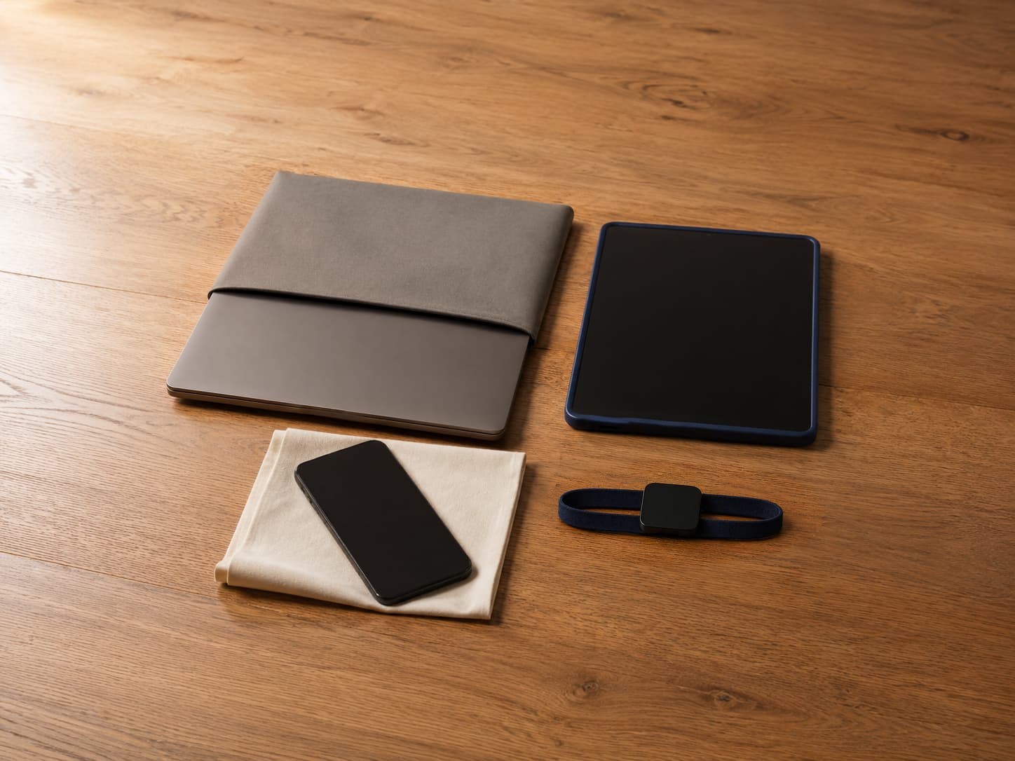 A closed laptop partly in a sleeve, a screen-off tablet and smartphone, and a smartwatch arranged on a wooden table.