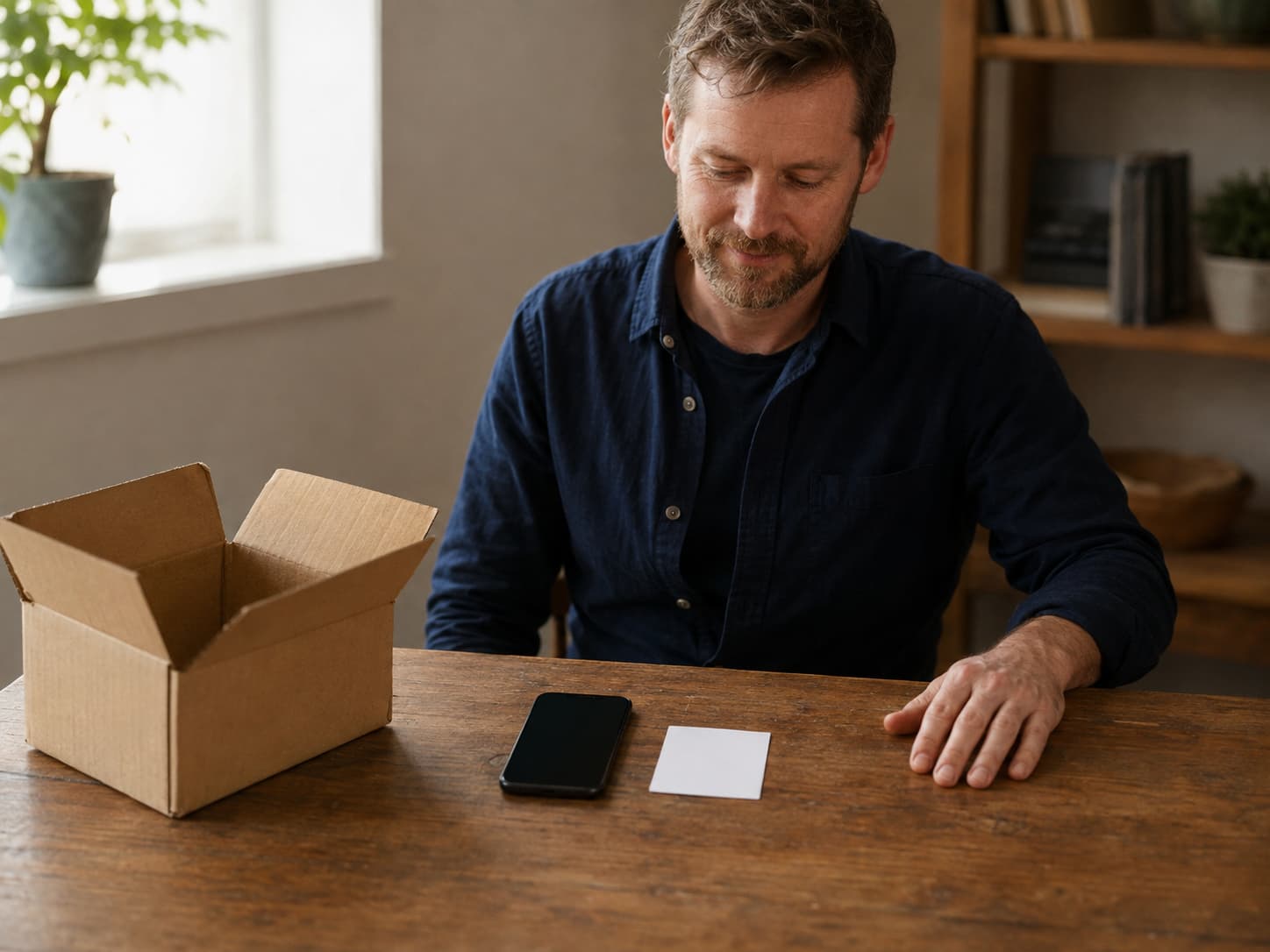 A technician reviewing a phone and blank record card beside an opened parcel