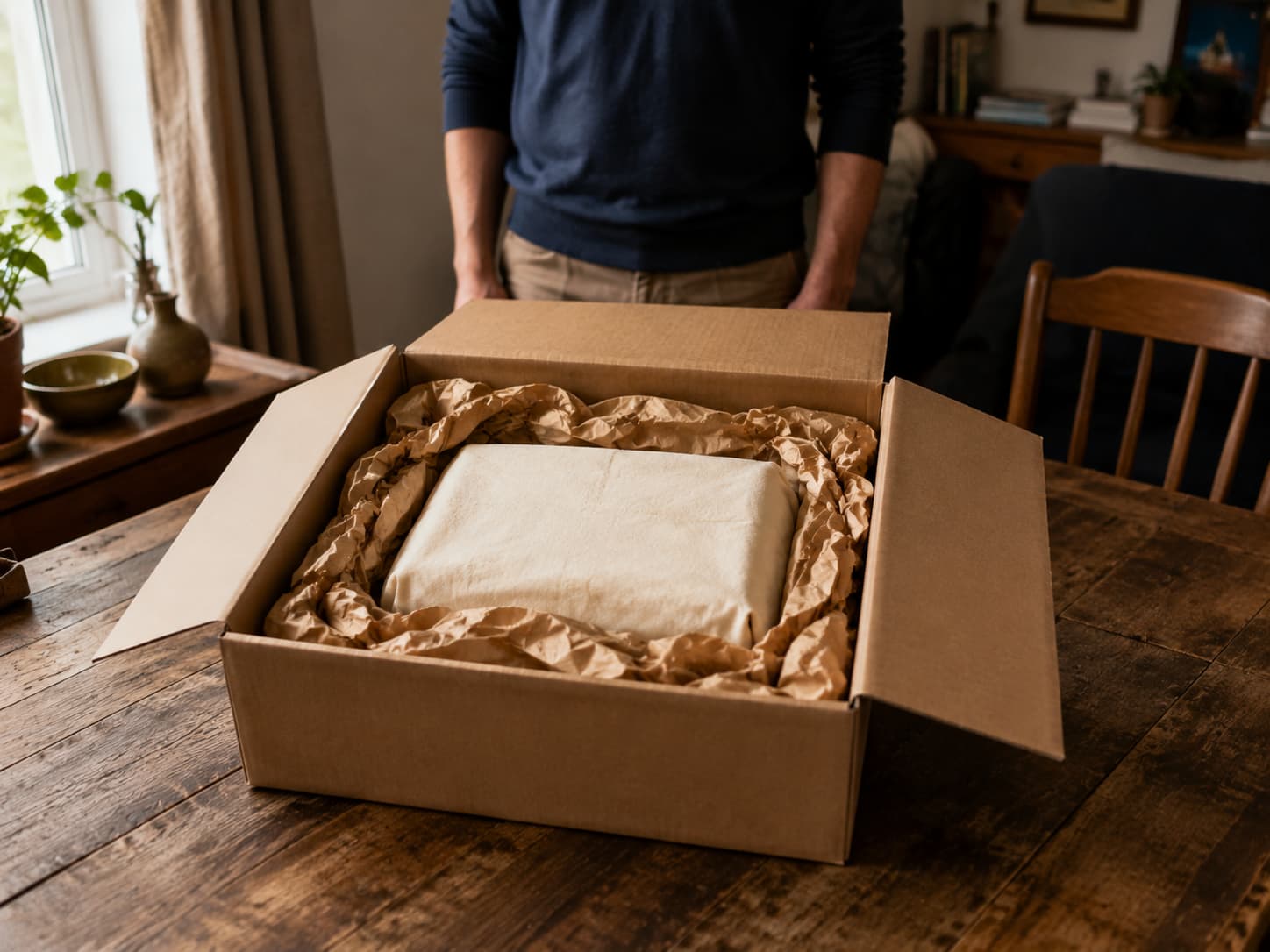 A cream-wrapped device inside a kraft box filled with paper cushioning