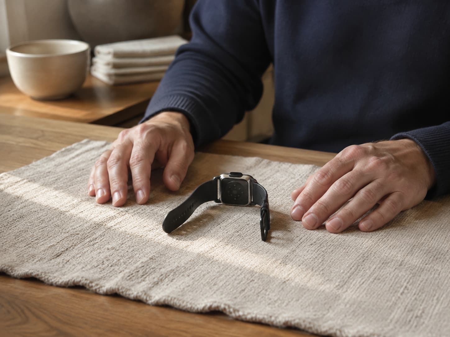 A smart watch resting face down on cloth between two relaxed hands